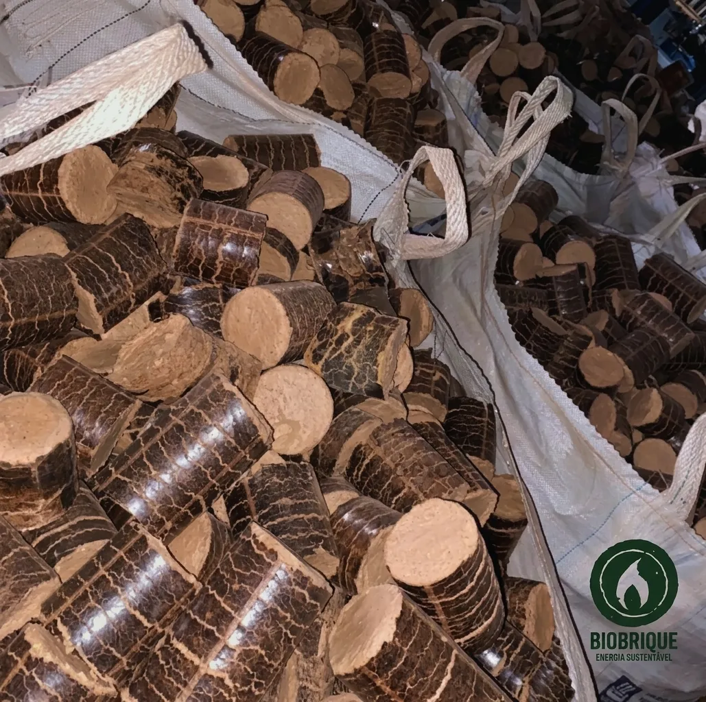 Briquetes de eucalipto BioBrique embalados em big bags no estoque da fábrica