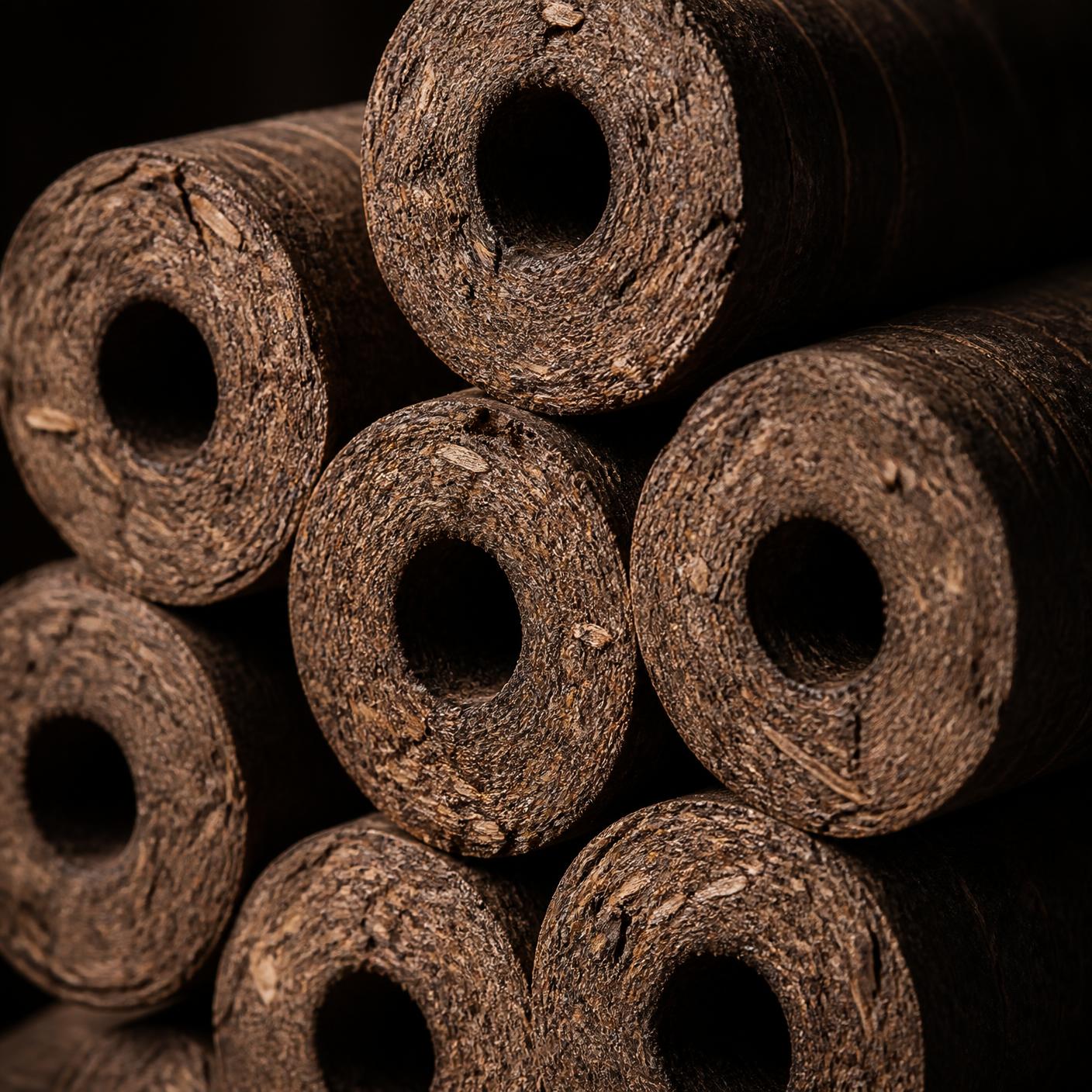 Detalhe de briquetes de madeira